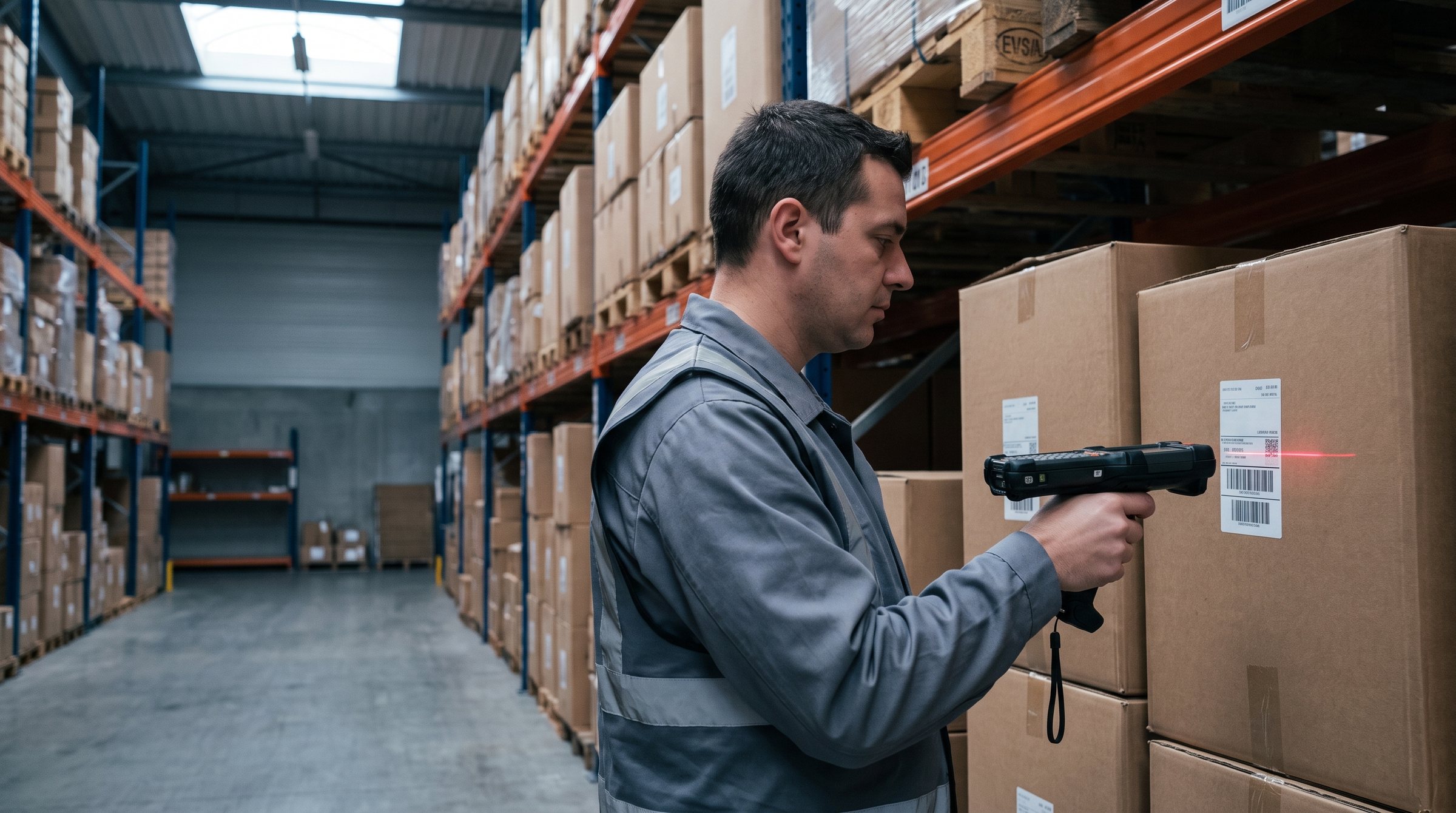 A warehouse aisle where a worker scans inventory with a rugged handheld mobile computer