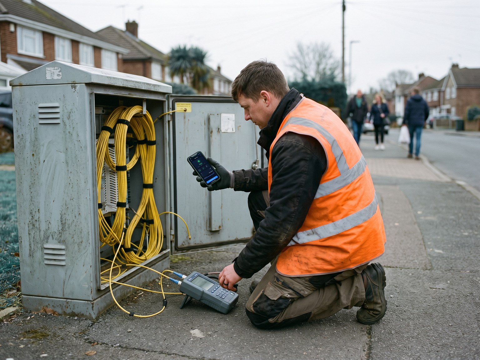 A fiber technician at an open telecom cabinet runs a test from a phone connected to a compact instrument