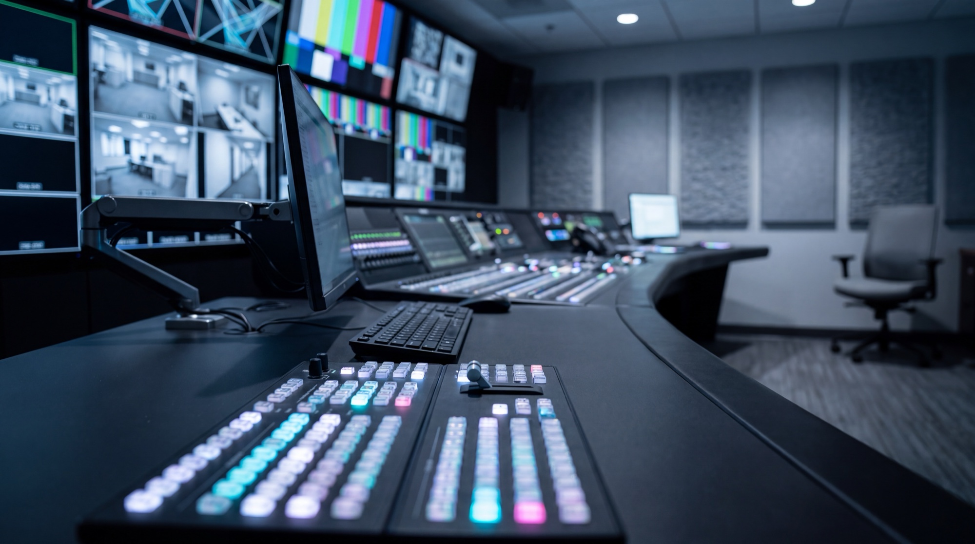 Along a control room console: rows of backlit switcher buttons in the foreground, a wall of video tiles and color bars out of focus behind.