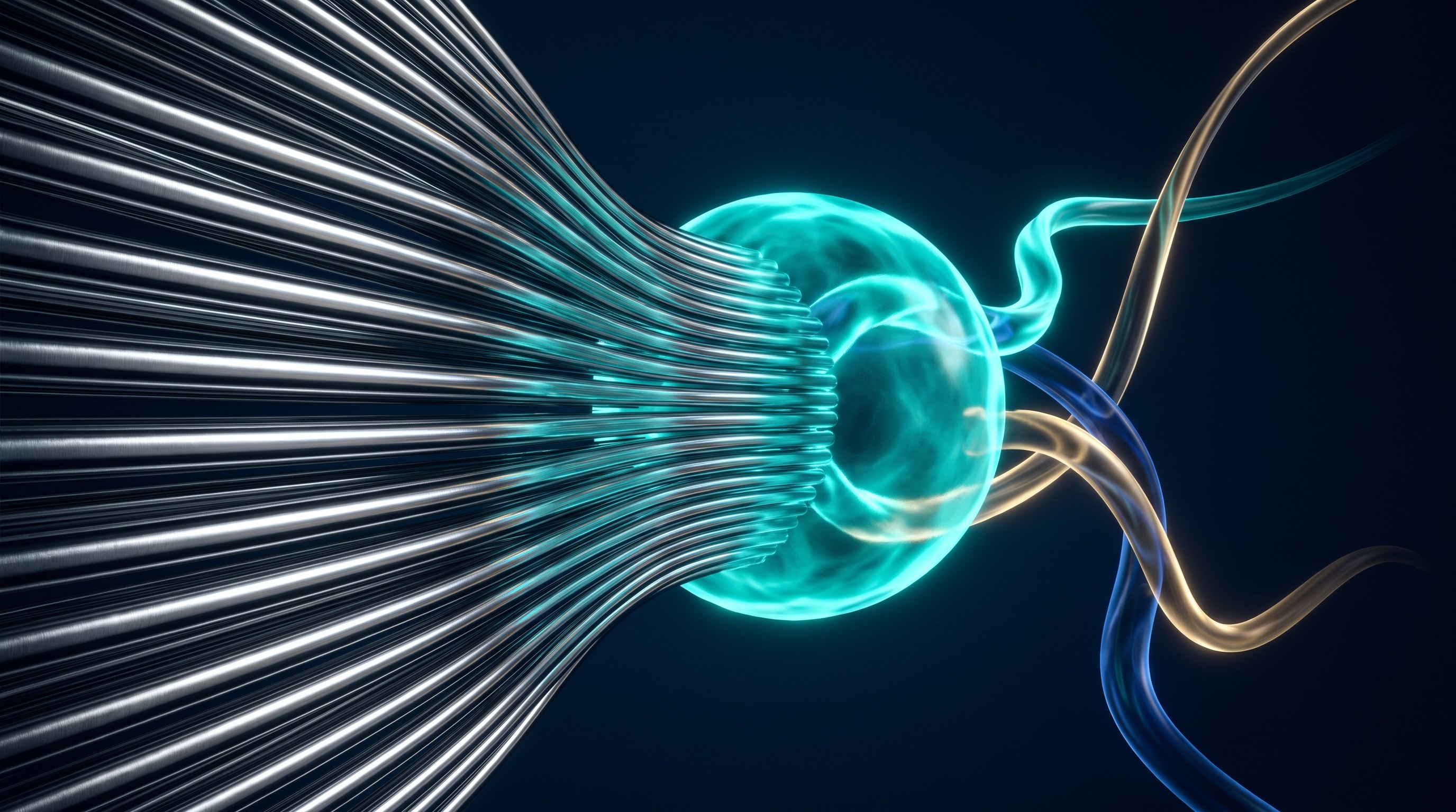 Uniform chrome flows converging into a radiant sphere that branches into decision paths