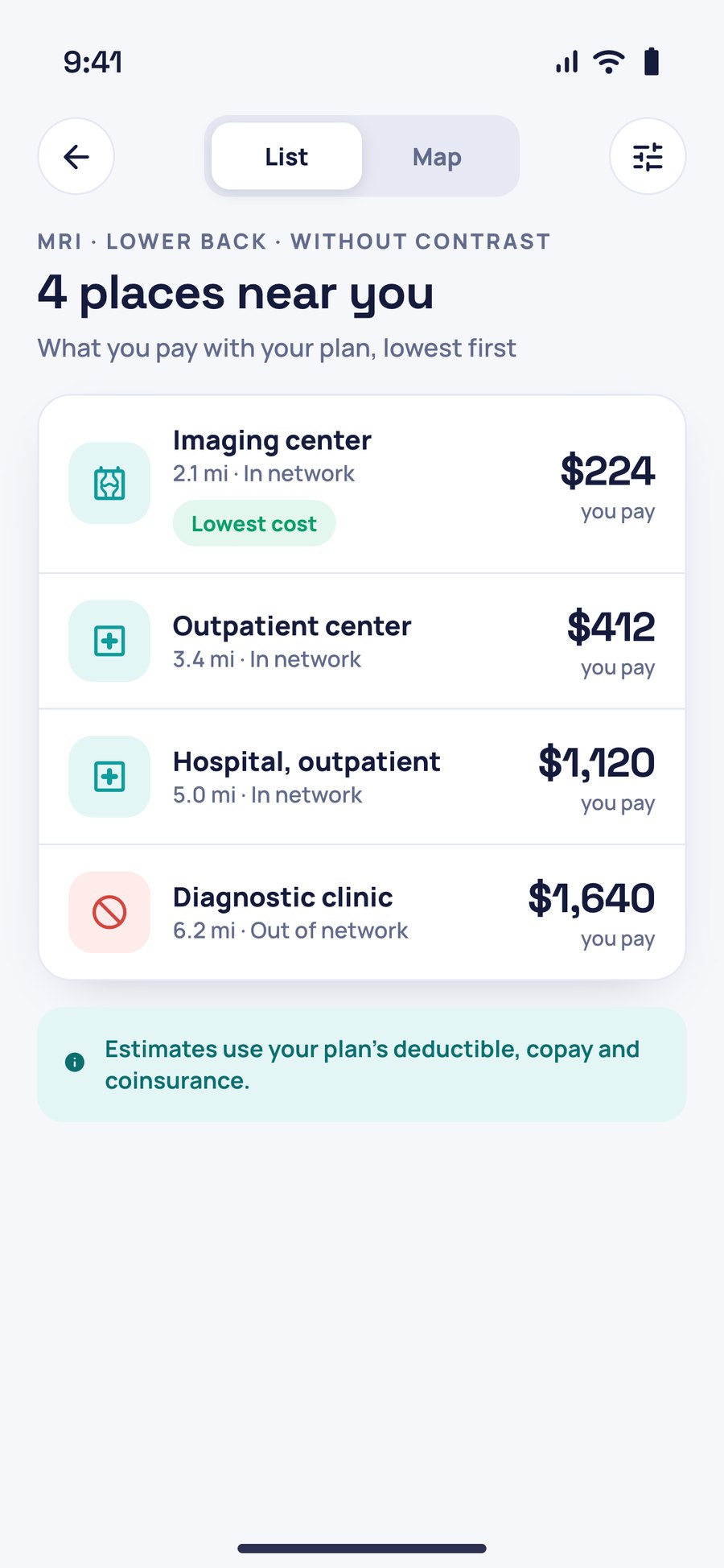 Four nearby places for the same MRI, ranked by what the person would pay