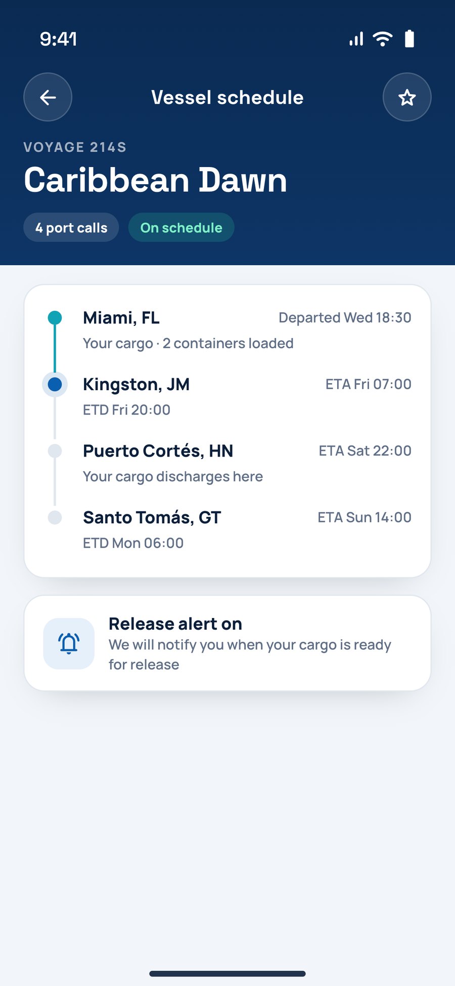 A vessel's port calls with arrival and departure times