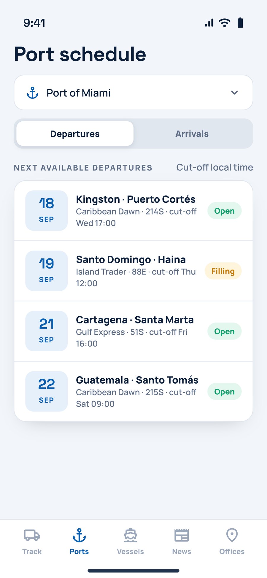 Next available departures from a port, with vessel, voyage and cut-off
