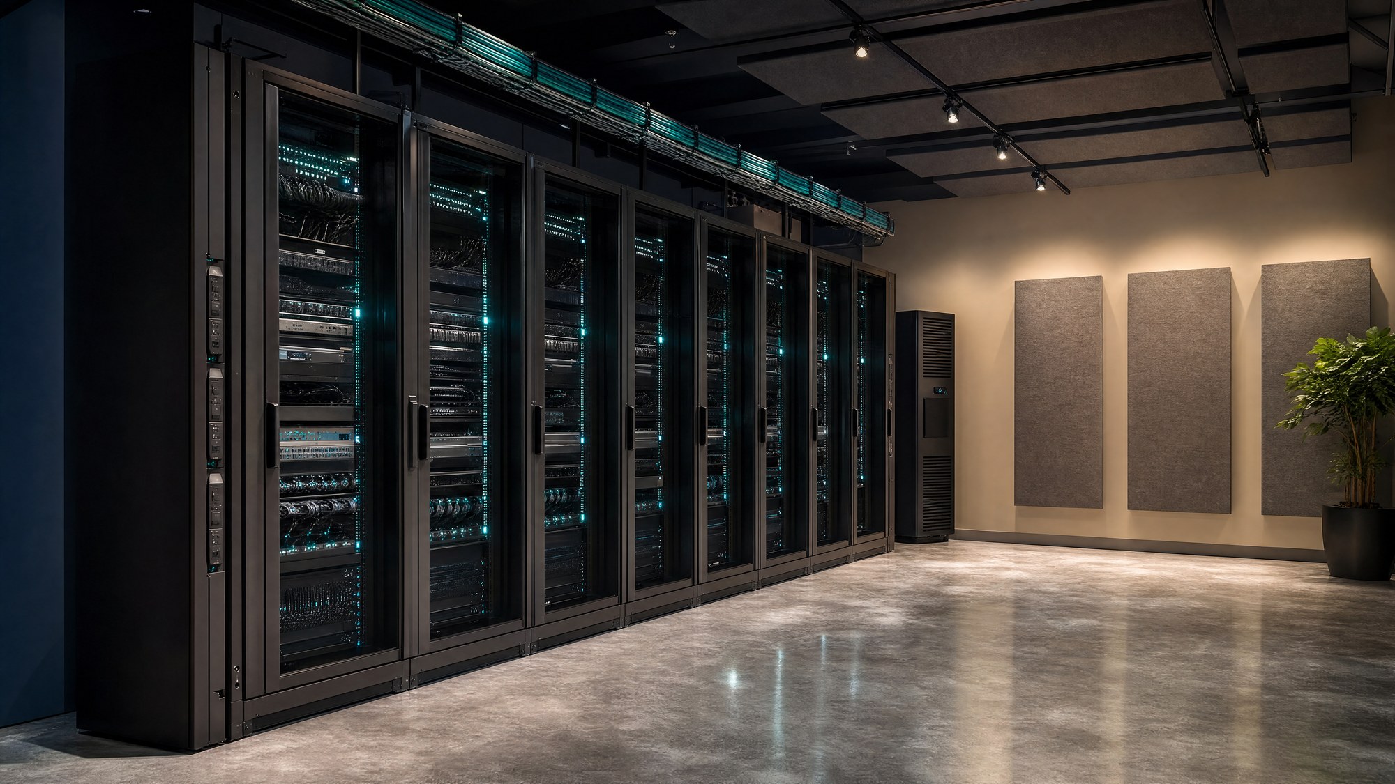 A broadcast equipment room of the class the program specified: rows of racks, structured cabling and cooling, illustrative of the facility type.