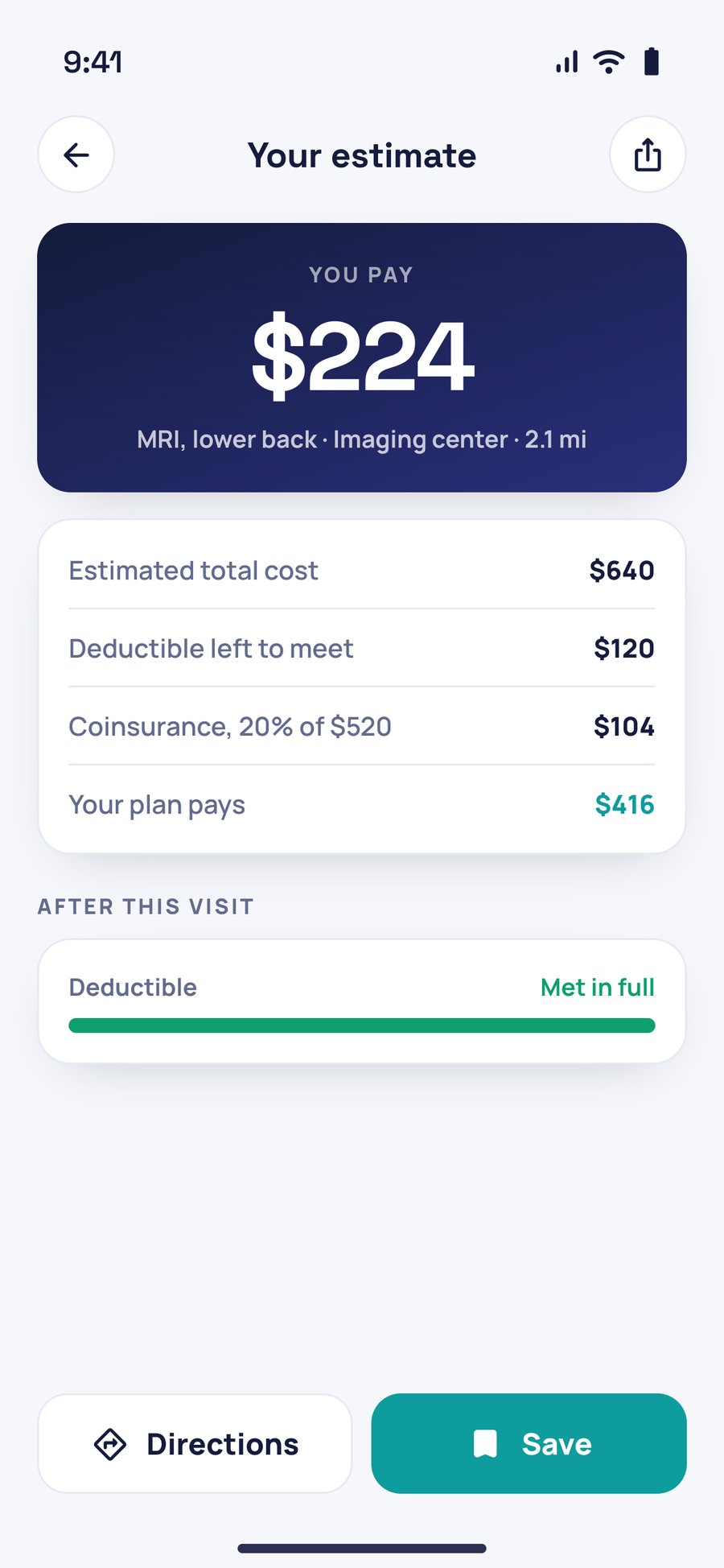 The estimate broken down into total cost, deductible, coinsurance and what the plan pays