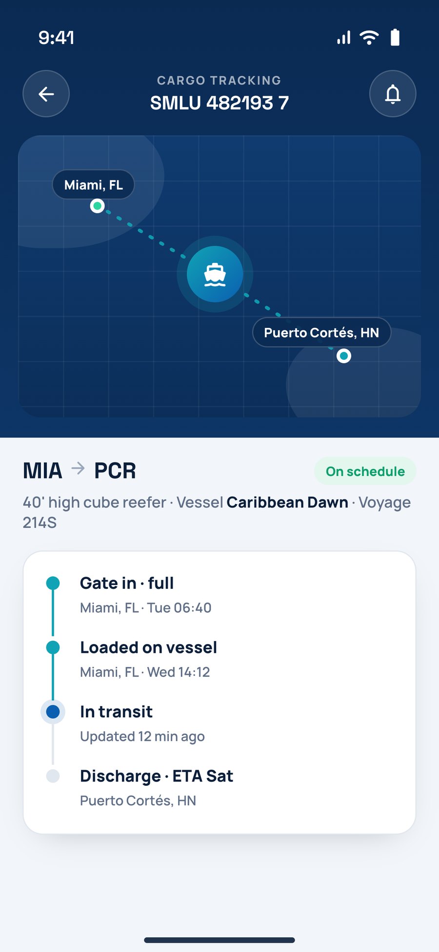 Tracking a container on its route, with each event from the latest transaction