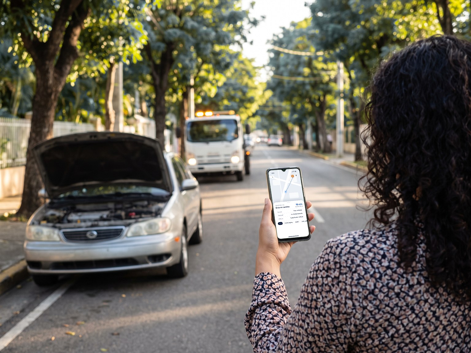 A woman beside her car on a sunny avenue in Santo Domingo requests roadside assistance from her phone