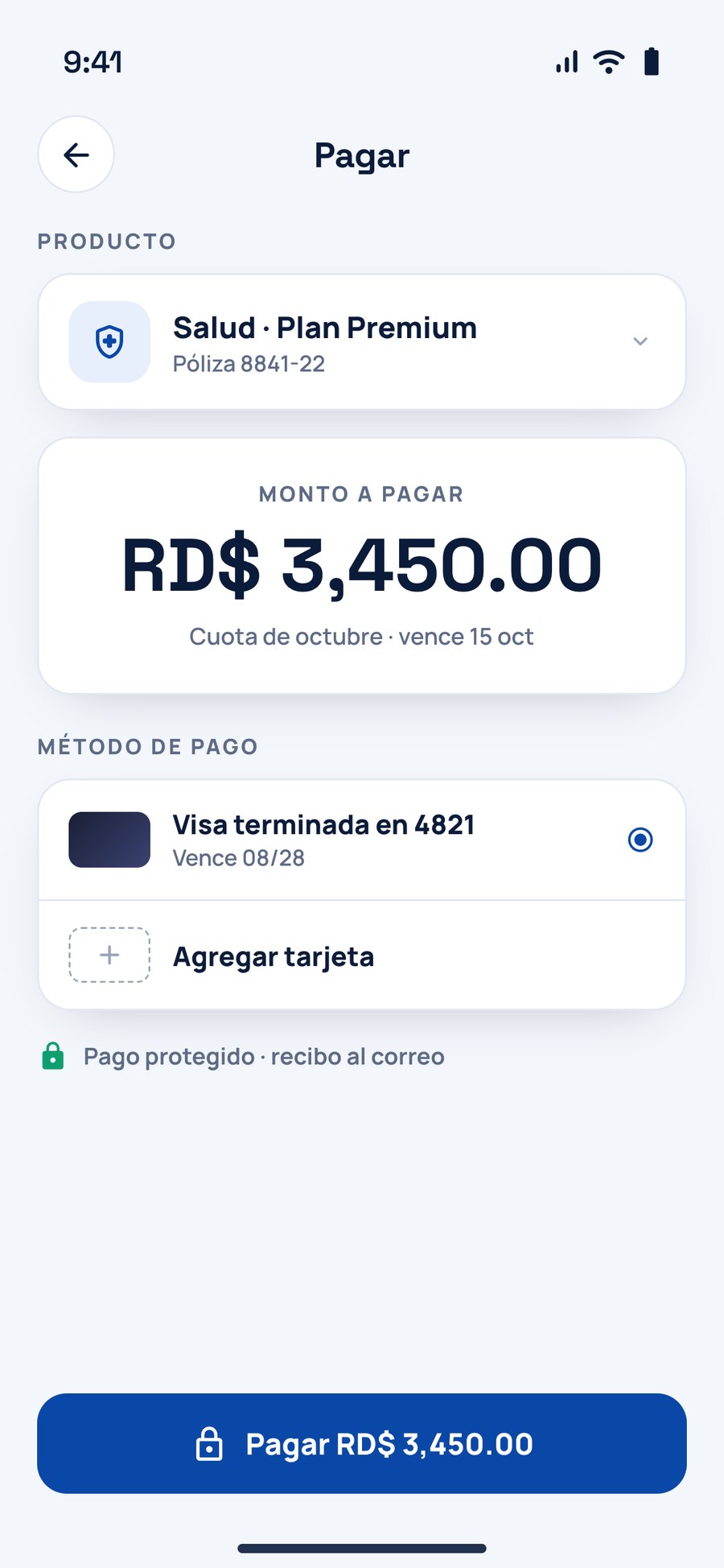 Paying a policy balance by card inside the app