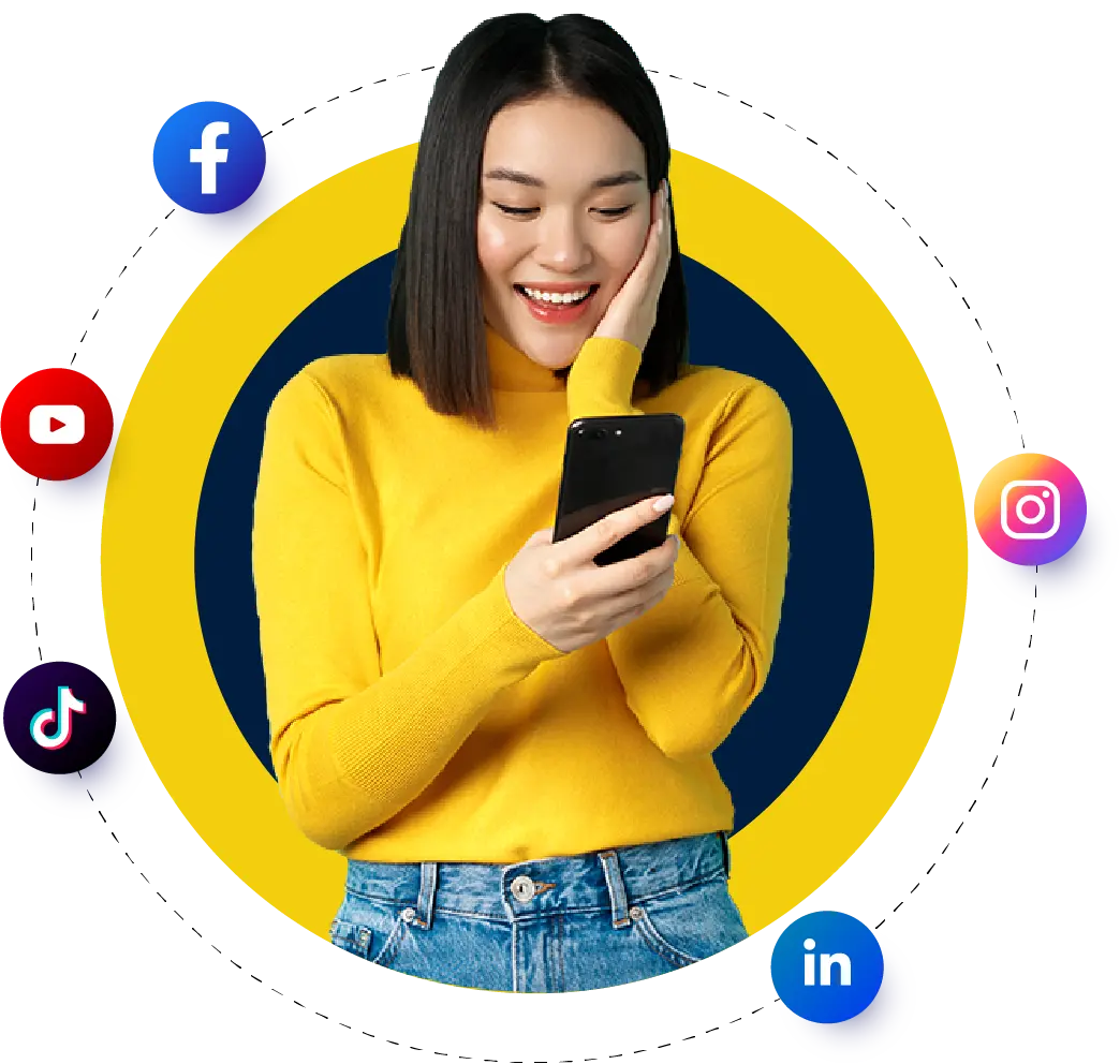 Smiling woman in a yellow turtleneck and jeans enthusiastically interacting with a smartphone, surrounded by popular social media app logos including Facebook, YouTube, TikTok, Instagram, and LinkedIn, connected by dotted lines within a vibrant yellow and blue circular design. This image visually represents social media marketing, digital content strategy, online engagement, multi-platform presence, and mobile communication for digital branding.