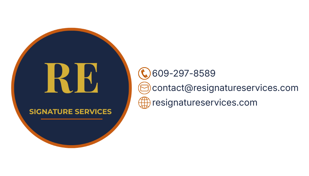 RE Signature Services business card featuring company logo, phone number, email address, and website for mobile notary, loan signing, and document services in New Jersey. RE Signature Services business card featuring company logo, phone number, email address, and website for mobile notary, loan signing, and document services in New Jersey.