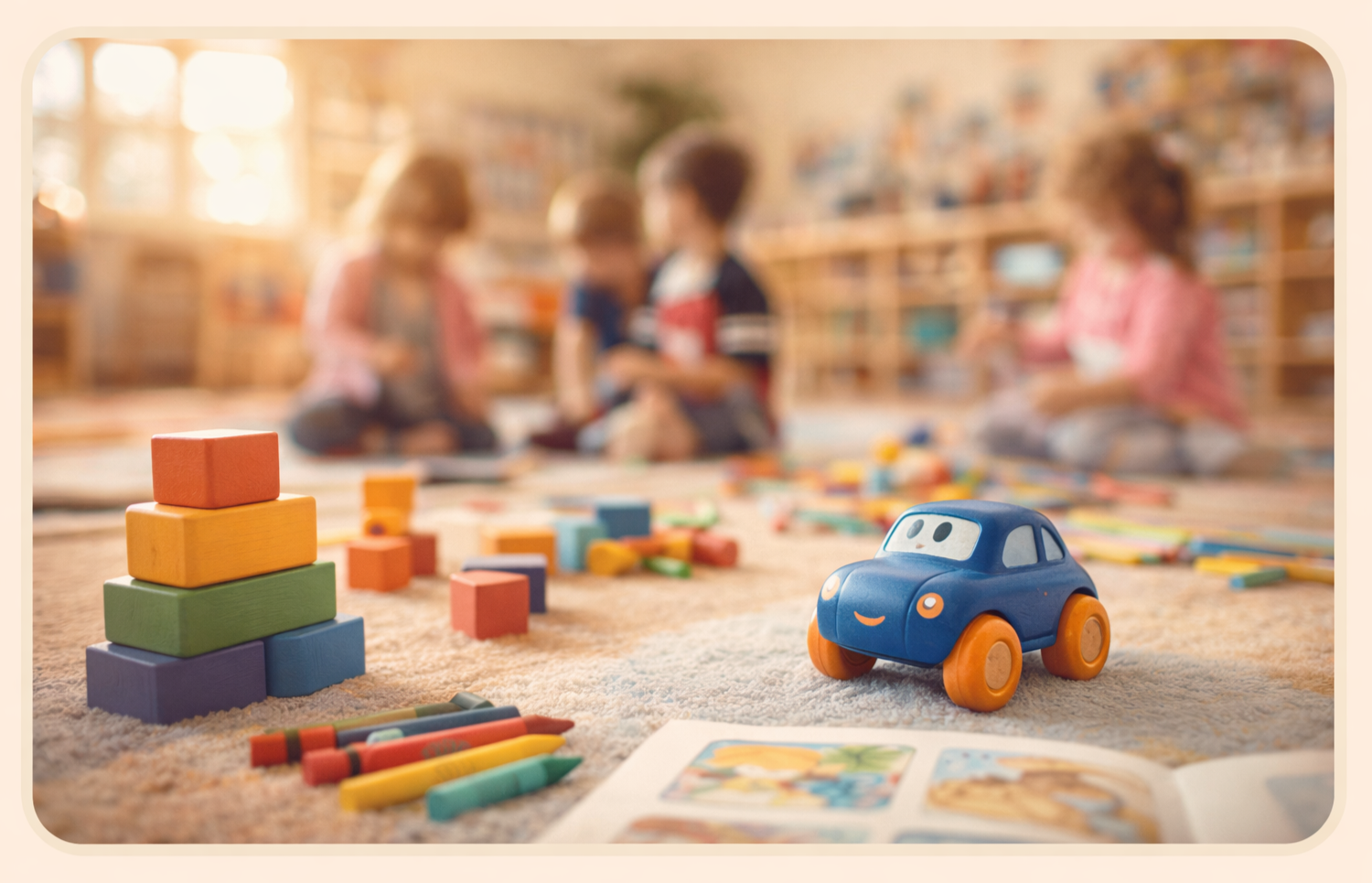 Toys and blurred children playing in a warm preschool classroom