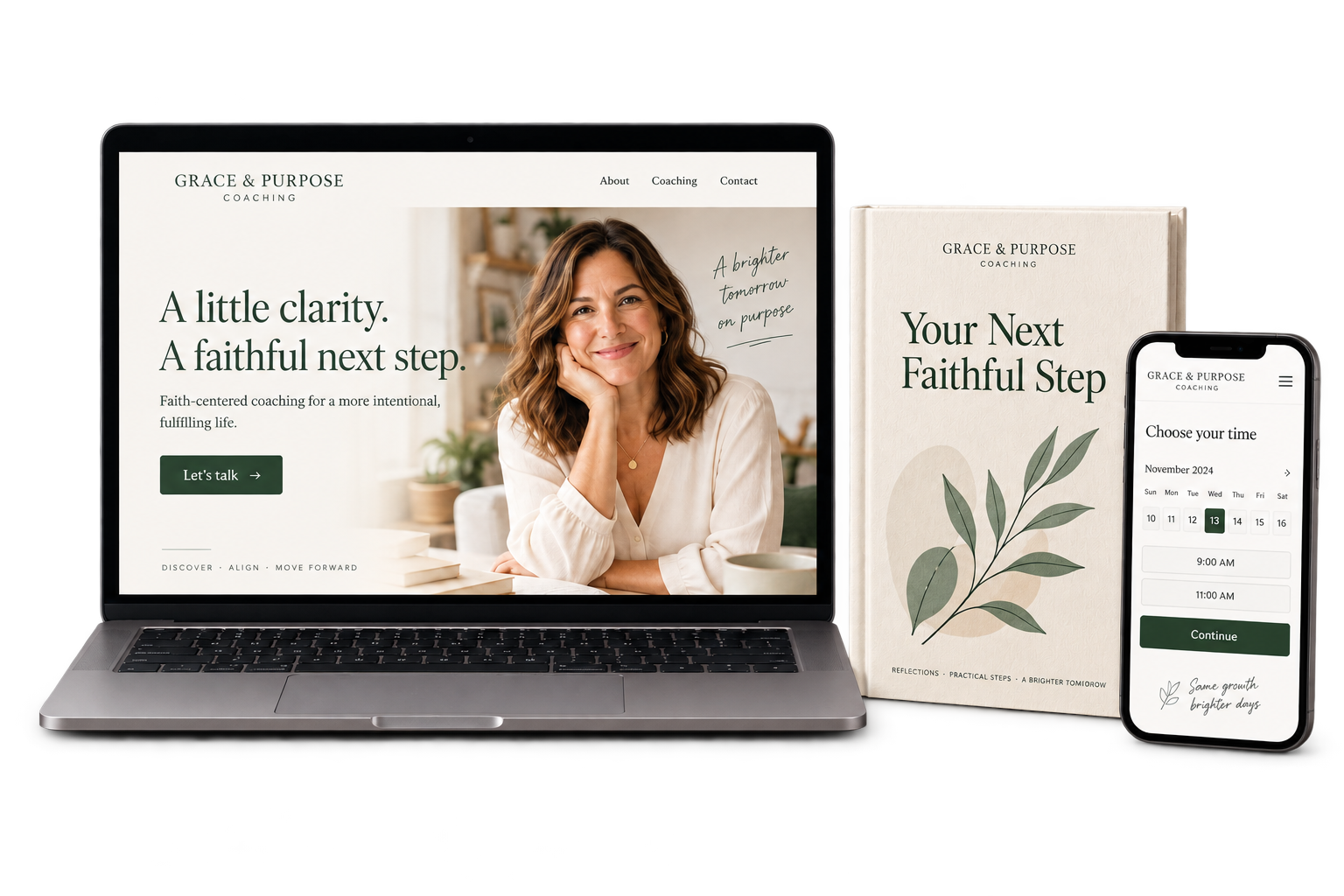 Illustrative fictional coaching brand with a website, guide book, and appointment booking on a phone