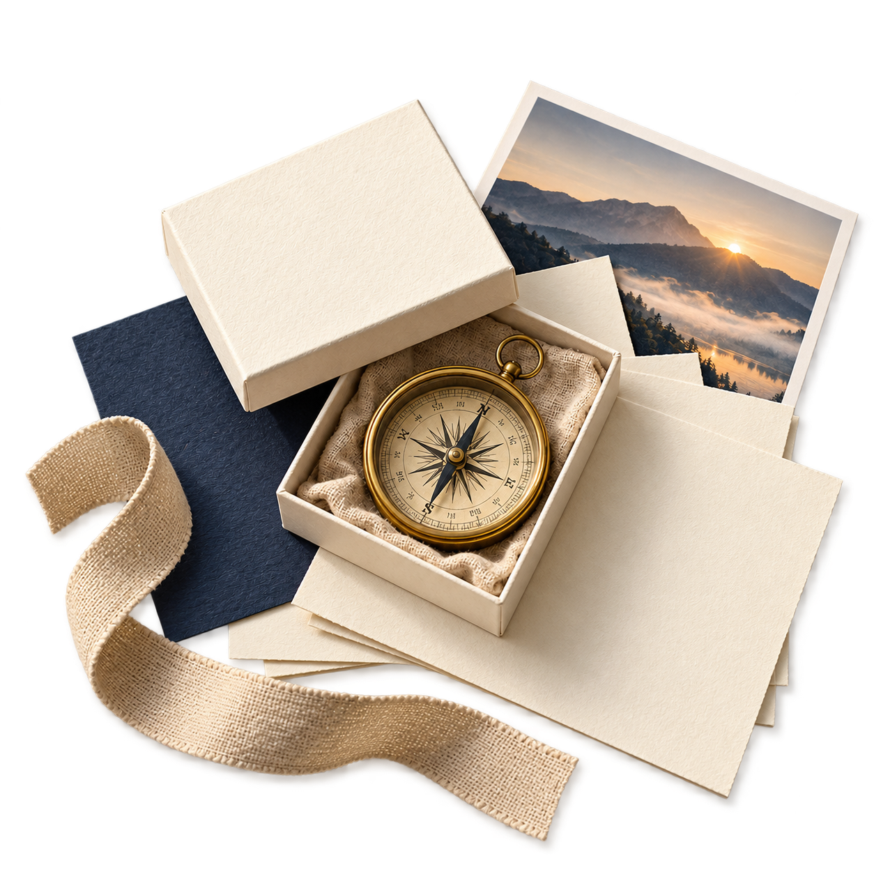 Brass compass nestled in an ivory box with layered stationery and a mountain photograph.