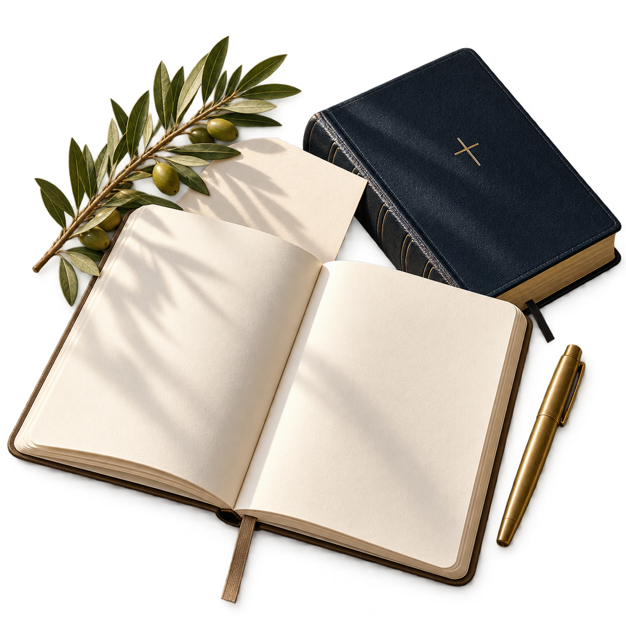 An open journal, navy Bible, brass pen and olive sprig in morning light.