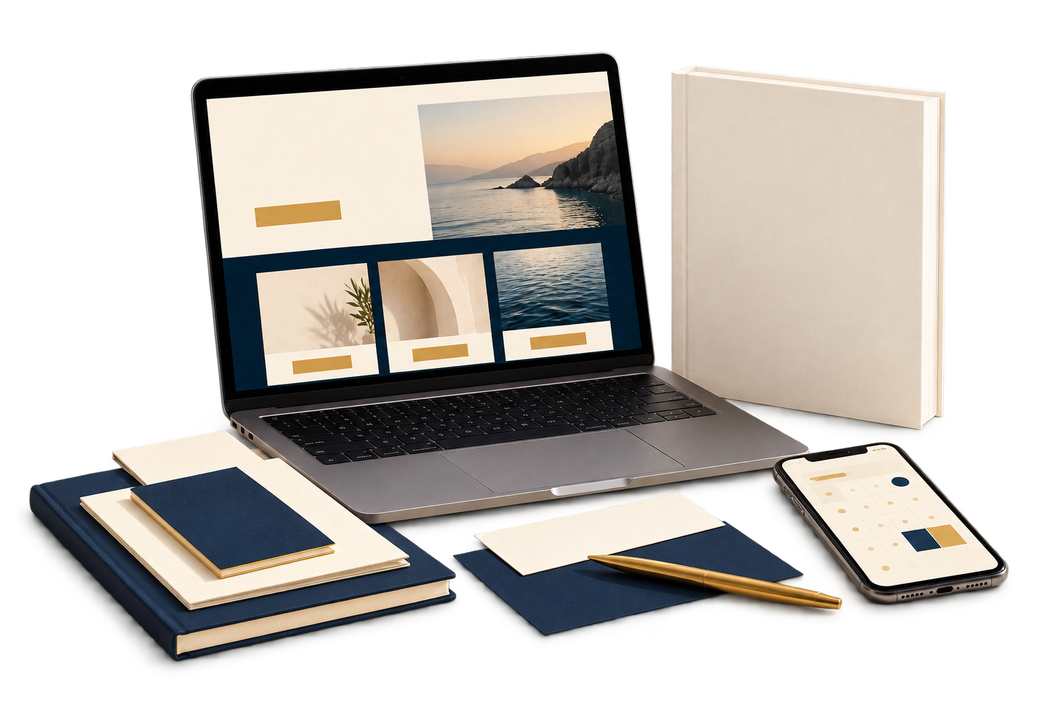 Illustrative website, guide and calendar concept with layered navy and ivory stationery.