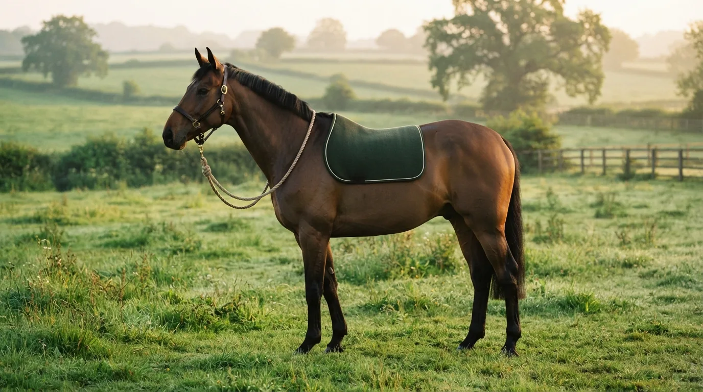 A quality English sport horse standing in soft morning light