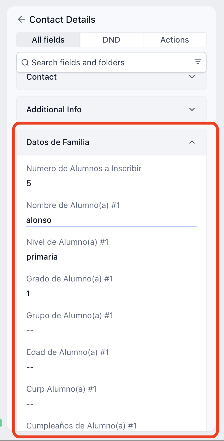 Campos CRM Datos Familia
