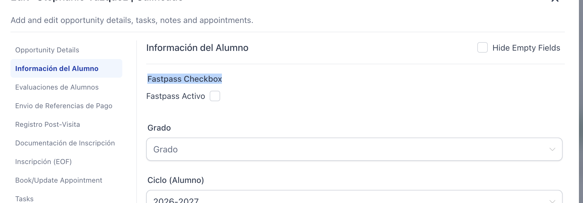 Checkbox Fastpass Activo