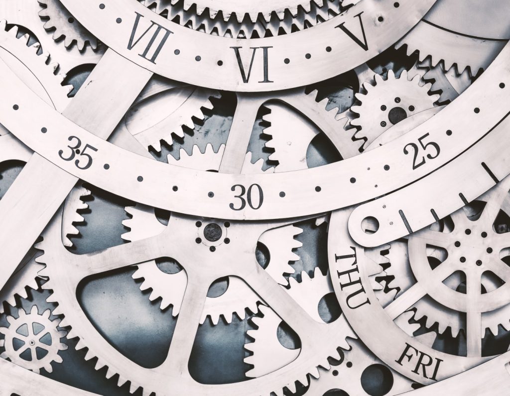 A metal gear in a clock.