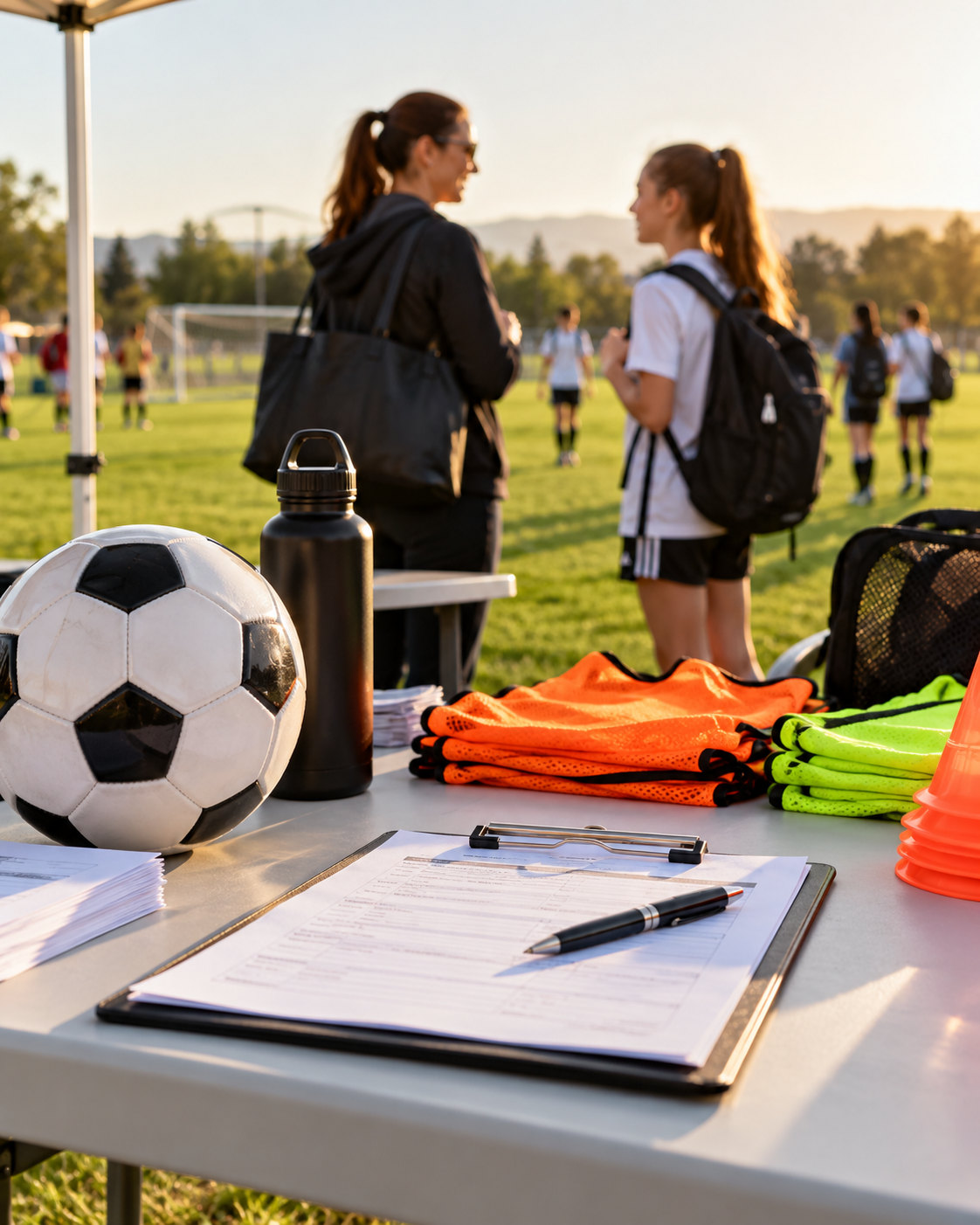 Sign-up table at a soccer field with a clipboard, ball and training bibs, a parent and player talking behind it