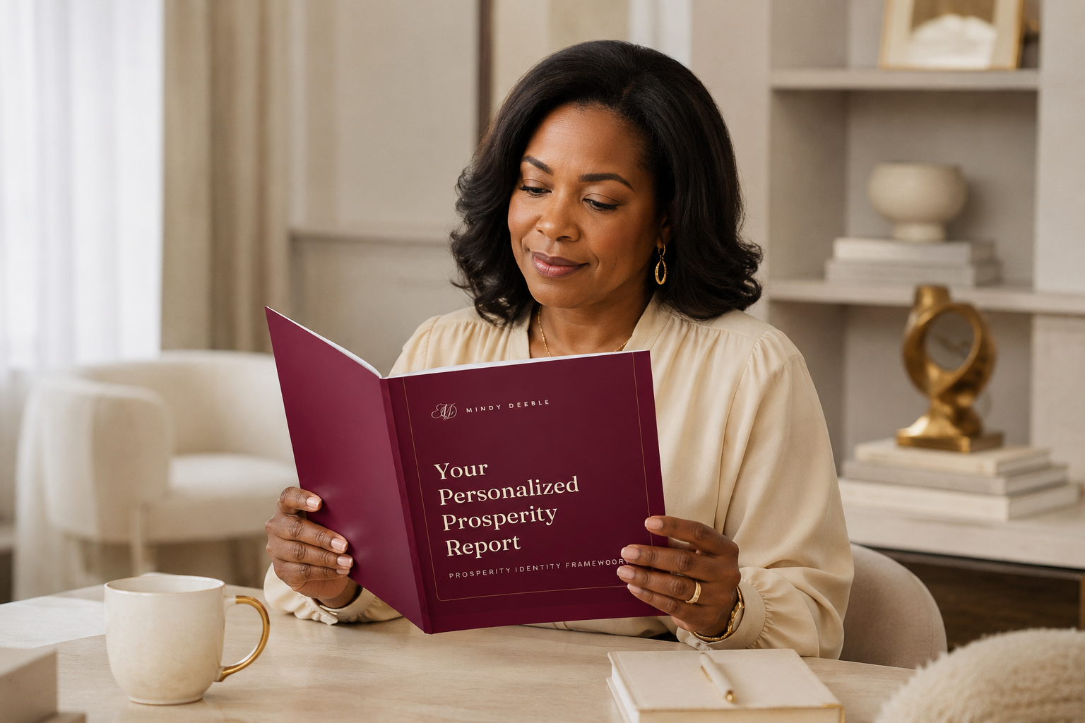 A woman reading through her report and smiling