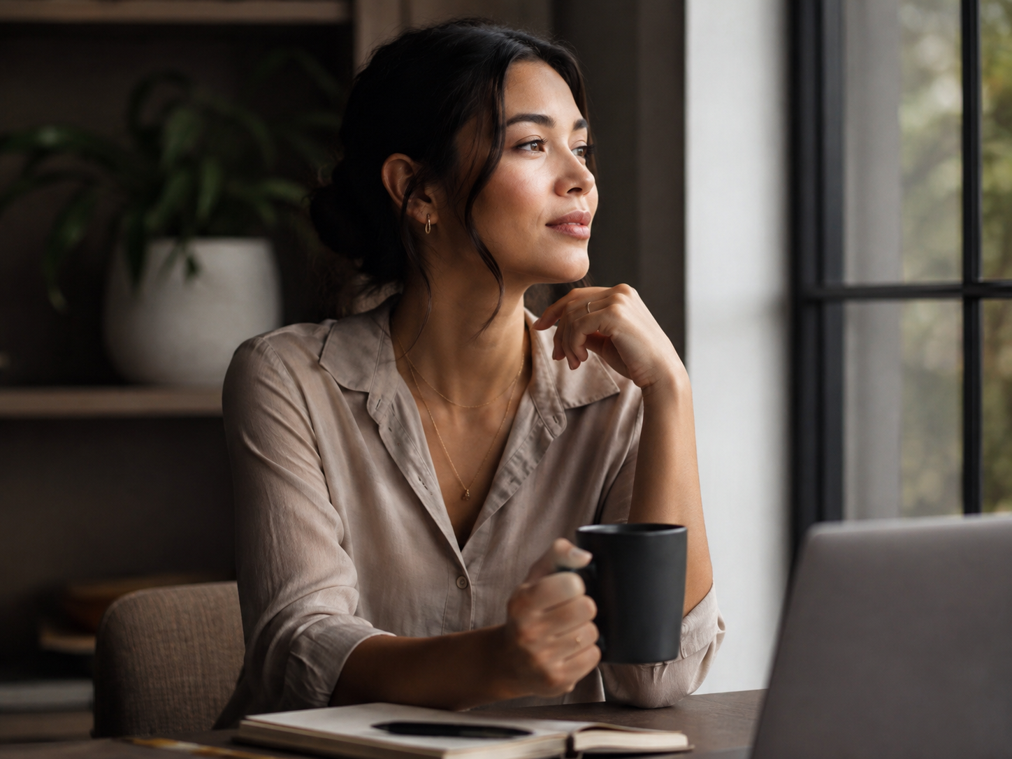 A woman with a warm drink looking out of a window