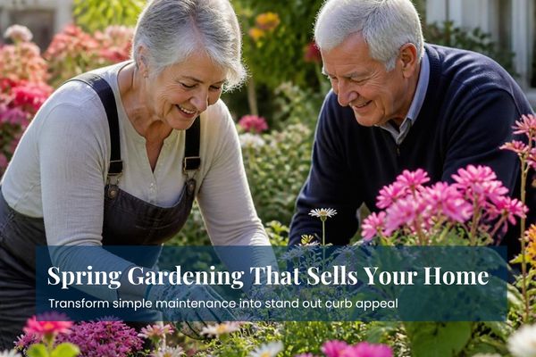 couple gardening among spring flowers couple gardening among spring flowers
