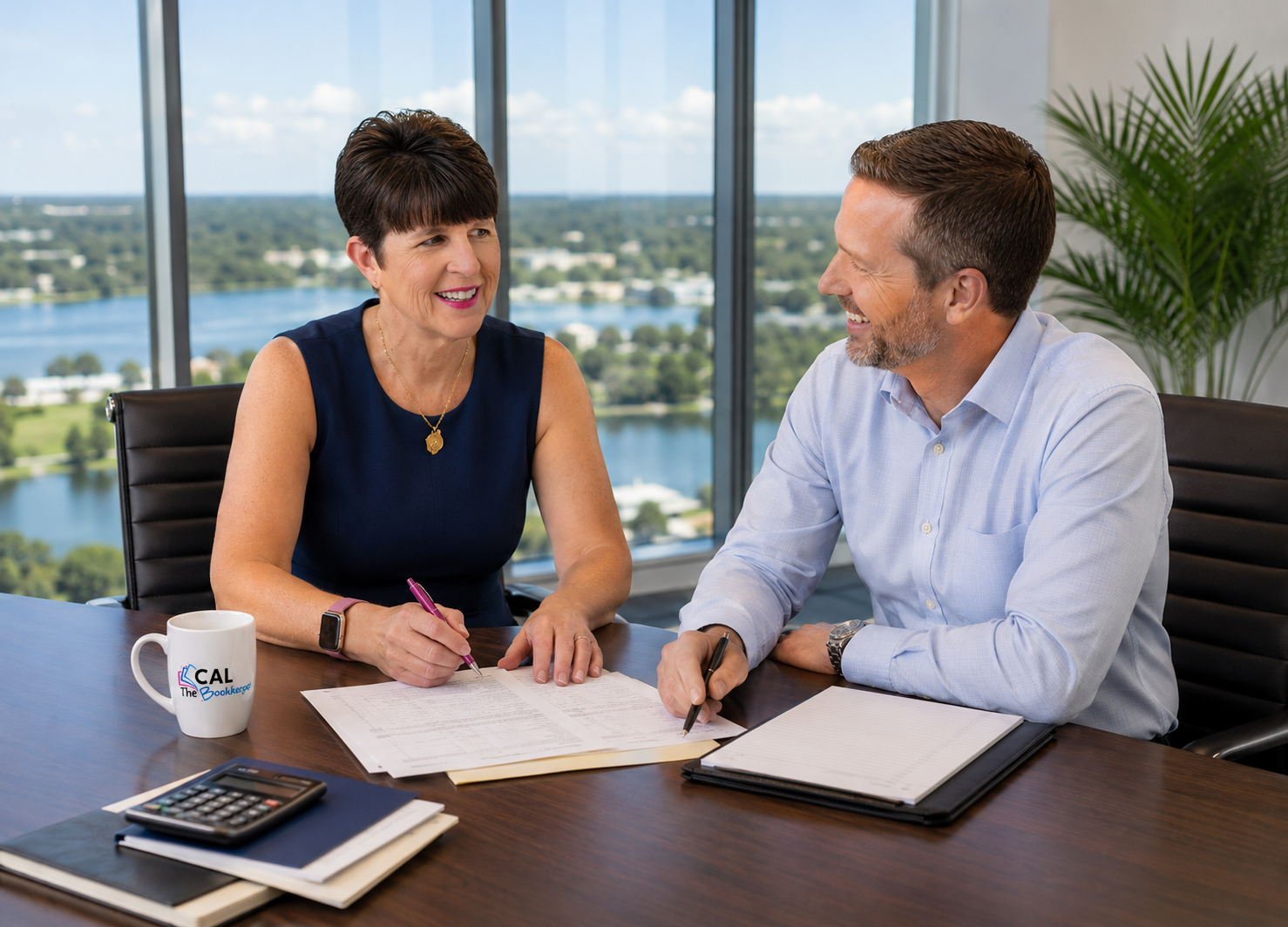 A photorealistic, high-quality image of a professional bookkeeper sitting at a sleek, modern desk with a laptop and neatly organized paperwork. The bookkeeper, dressed in business attire, is attentively explaining detailed sales tax records to a small business owner from Clermont, Florida. The business owner, also in business casual clothing, listens intently while reviewing a digital tablet displaying charts. In the background, large windows let in natural light and reveal a hint of a suburban commercial district, conveying a local business setting. The overall atmosphere is collaborative, focused, and professional, suitable for a financial consulting blog. A photorealistic, high-quality image of a professional bookkeeper sitting at a sleek, modern desk with a laptop and neatly organized paperwork. The bookkeeper, dressed in business attire, is attentively explaining detailed sales tax records to a small business owner from Clermont, Florida. The business owner, also in business casual clothing, listens intently while reviewing a digital tablet displaying charts. In the background, large windows let in natural light and reveal a hint of a suburban commercial district, conveying a local business setting. The overall atmosphere is collaborative, focused, and professional, suitable for a financial consulting blog.