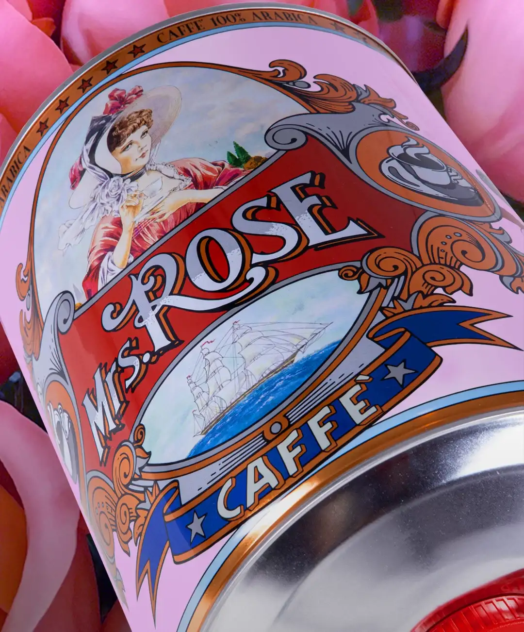 Mrs. Rose tin with roses behind it