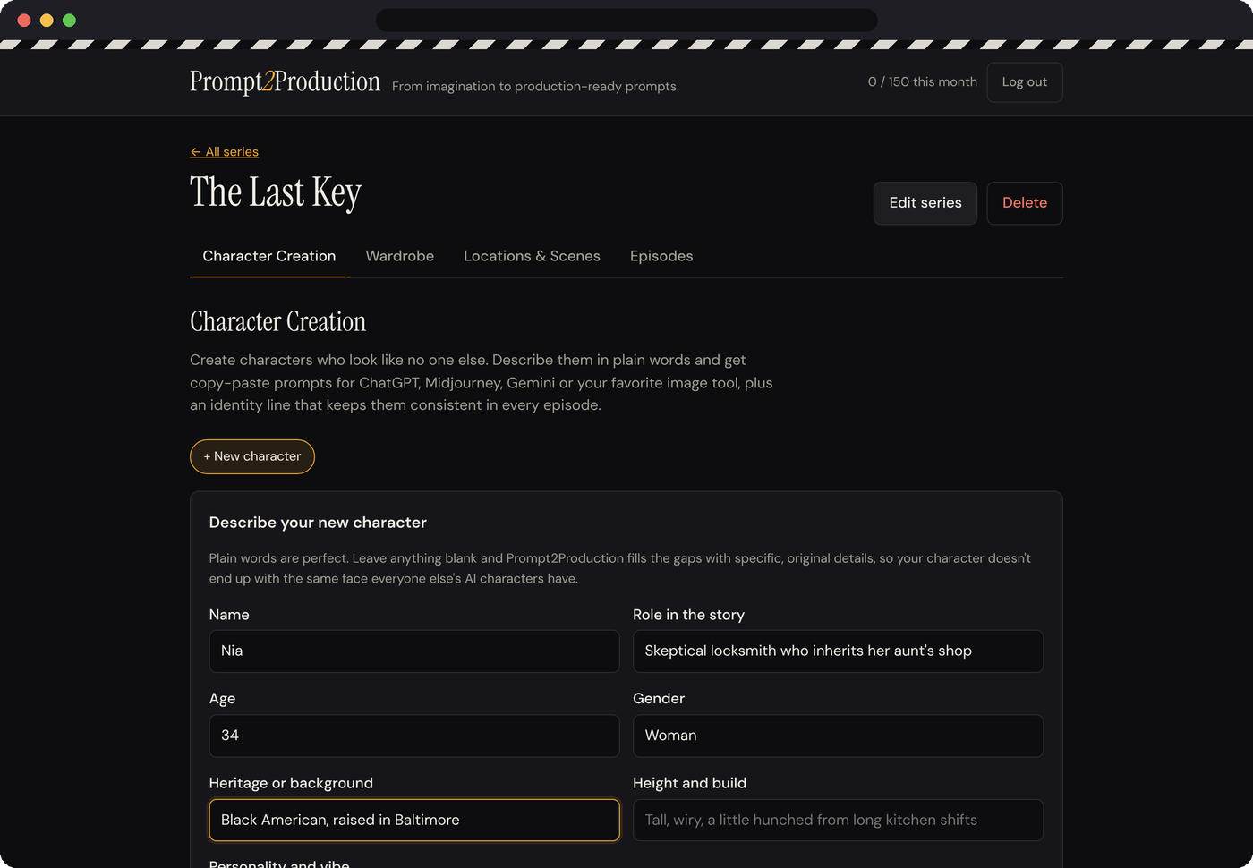 The Character Creation tab