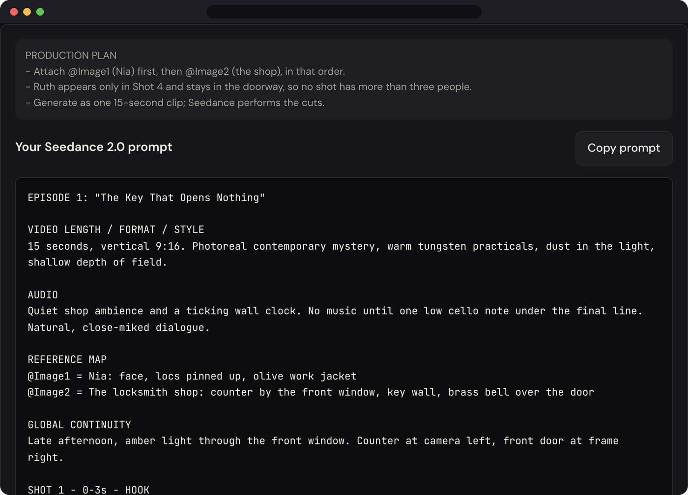 A Seedance 2.0 prompt written by Prompt2Production