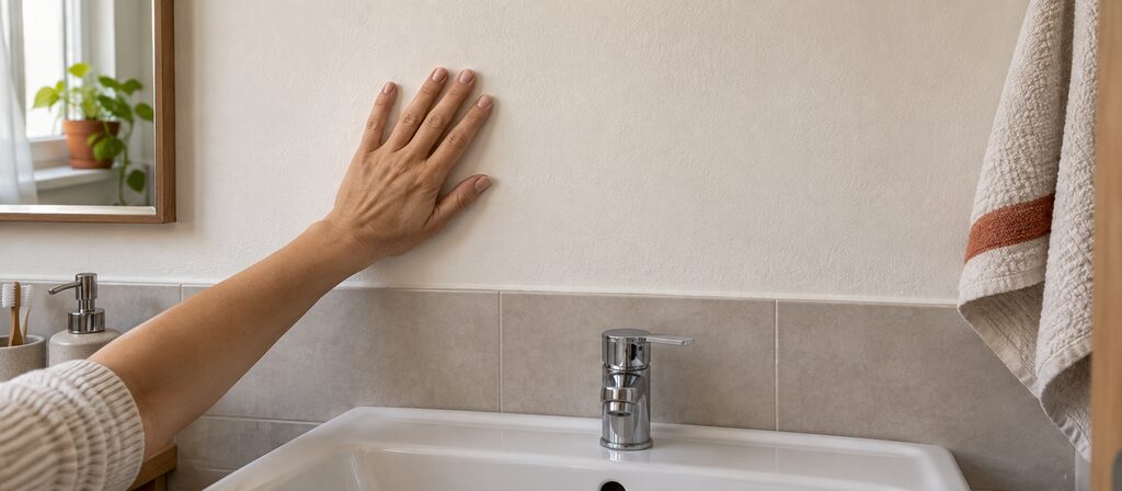 Mano appoggiata sulla parete del bagno sopra il lavabo
