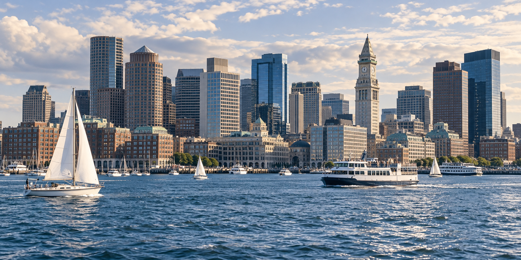 Illustrative Boston Harbor and downtown waterfront skyline