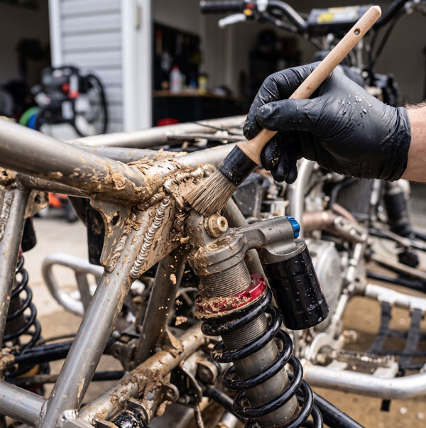 Frame and shock cleaning step of ATV detailing in Manassas VA