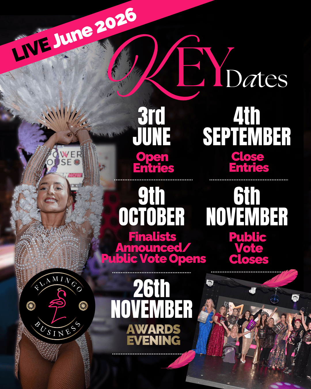Flamingo Business Awards 2026 Key Dates. Open Entries 3rd June. Close Entries 4th September. Finalists Announced 9th October. Public Vote Closes 6th November. Awards Evening 26th November.
