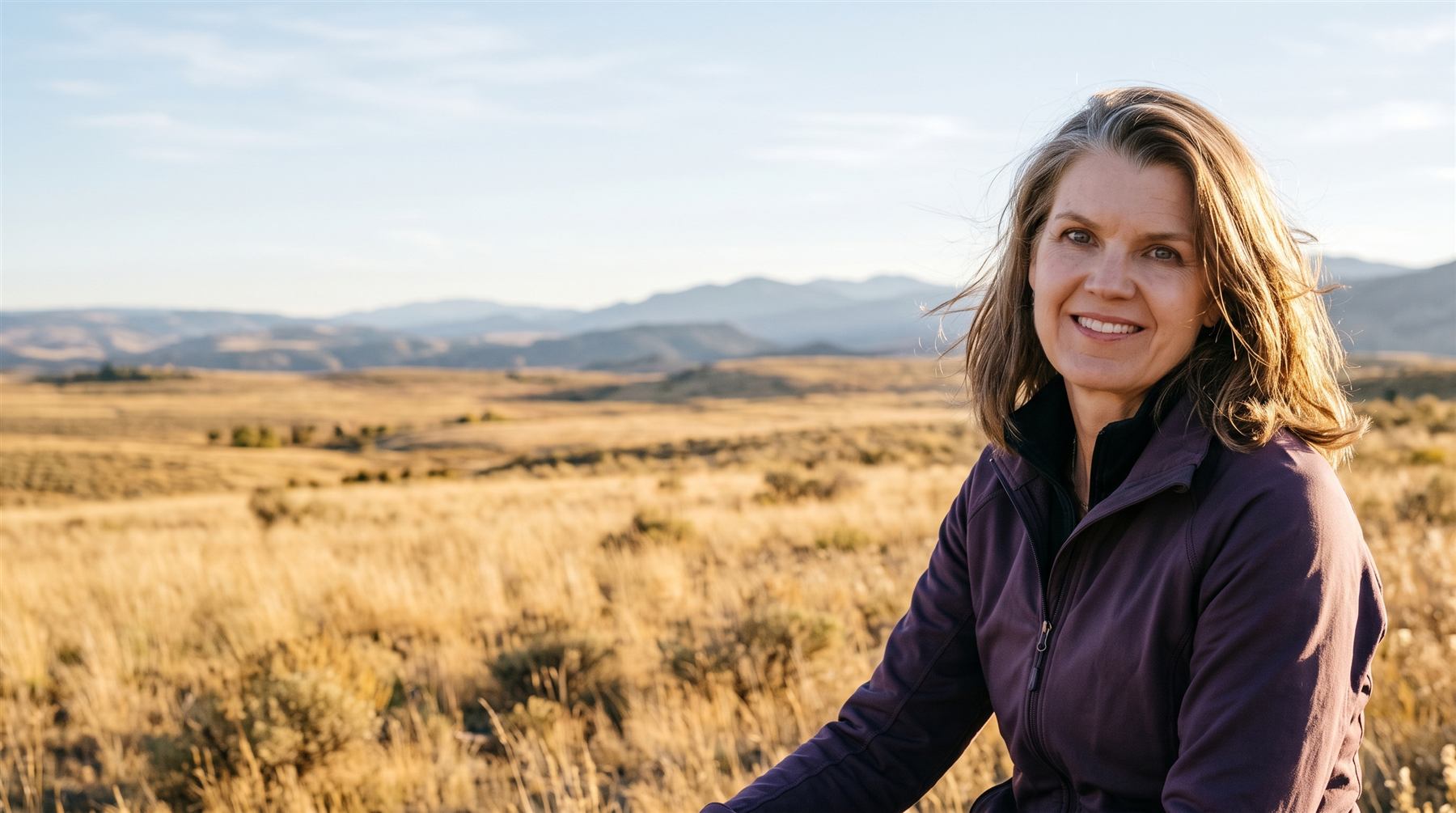 A woman smiling in a golden field at sunset