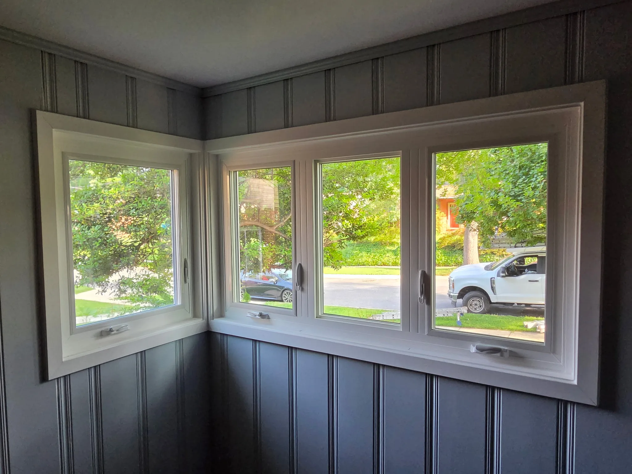 Sliding patio door opening to a backyard