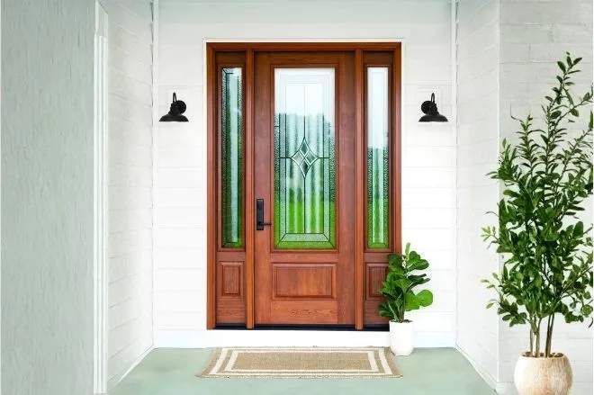 Fiberglass entry door with decorative glass sidelights