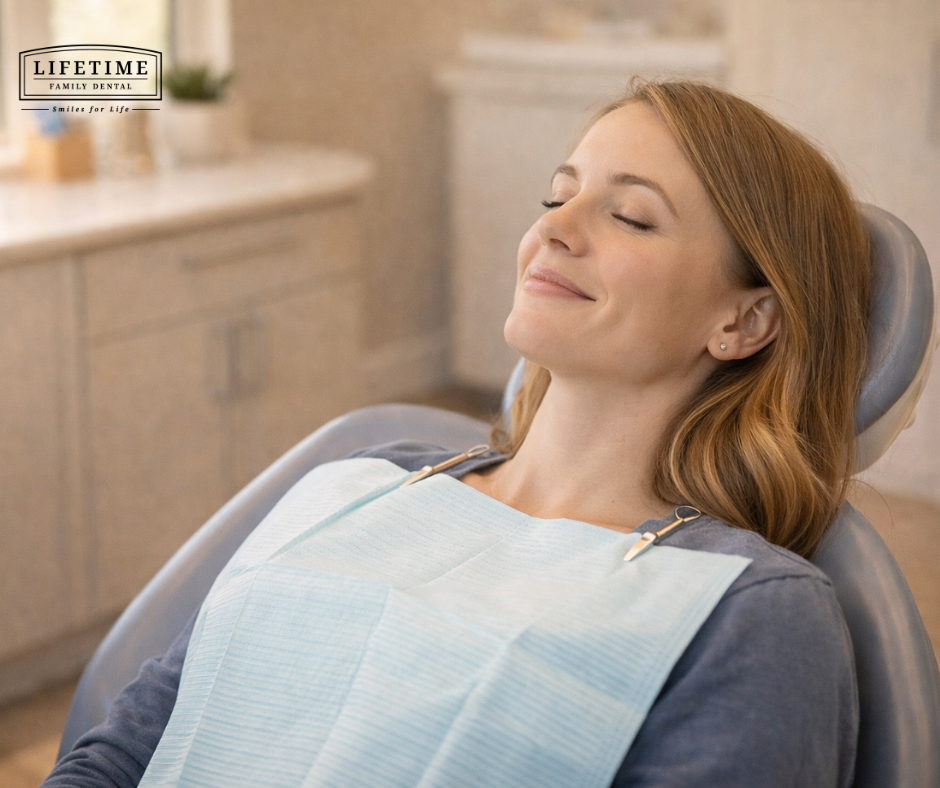 Calm, reassuring photo — patient relaxed in dental chair, warm natural light, soft tones. Nothing sharp or clinical in view.