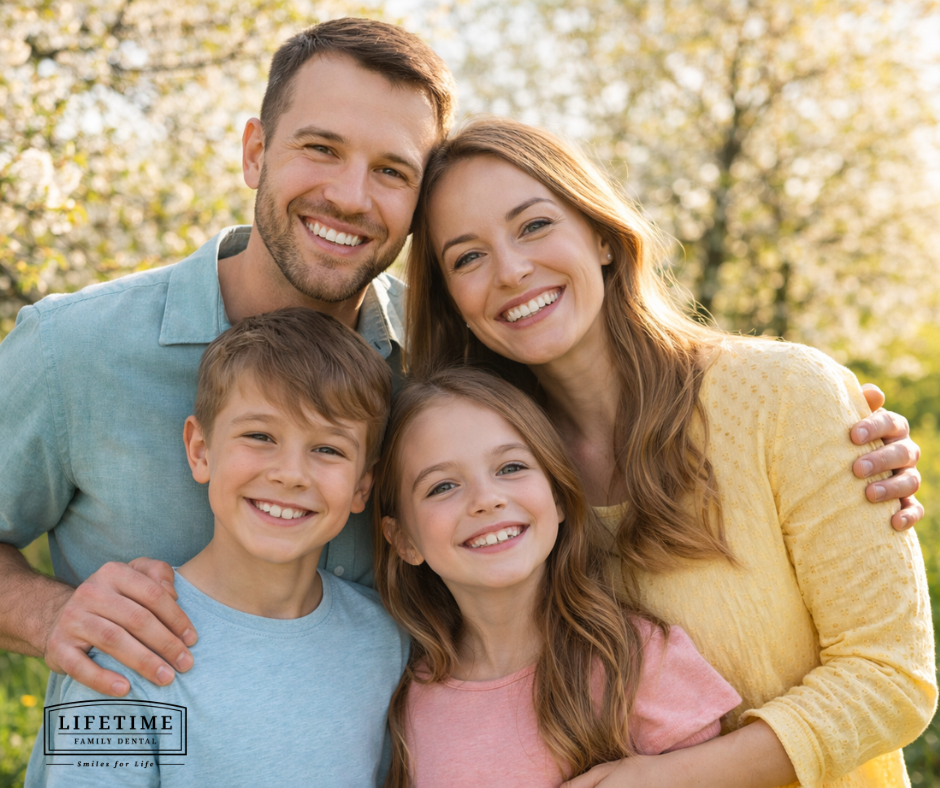 Cheerful family of 4 (parents + children) smiling outdoors in spring setting — bright and warm. No stock tooth imagery