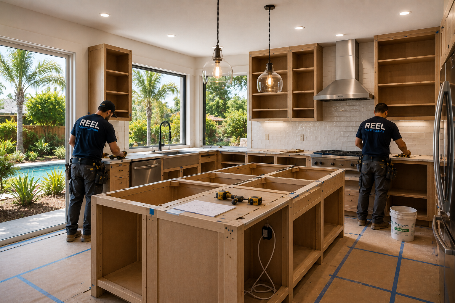Kitchen renovation in progress with workers installing cabinets in a Pinellas County home
