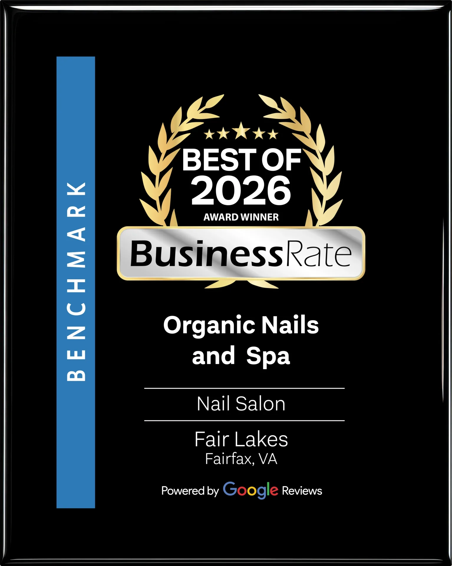 Award plaque for Organic Nails & Spa Fairfax