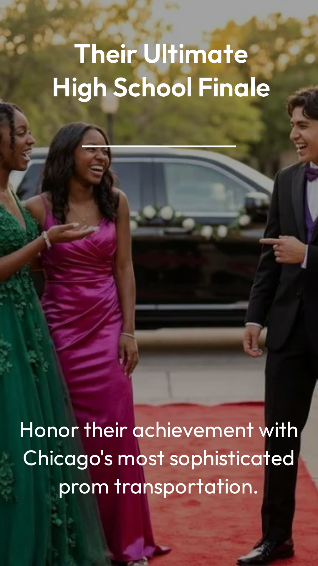 Prom couple arriving in luxury limo Black Elegant Transportation Chicago