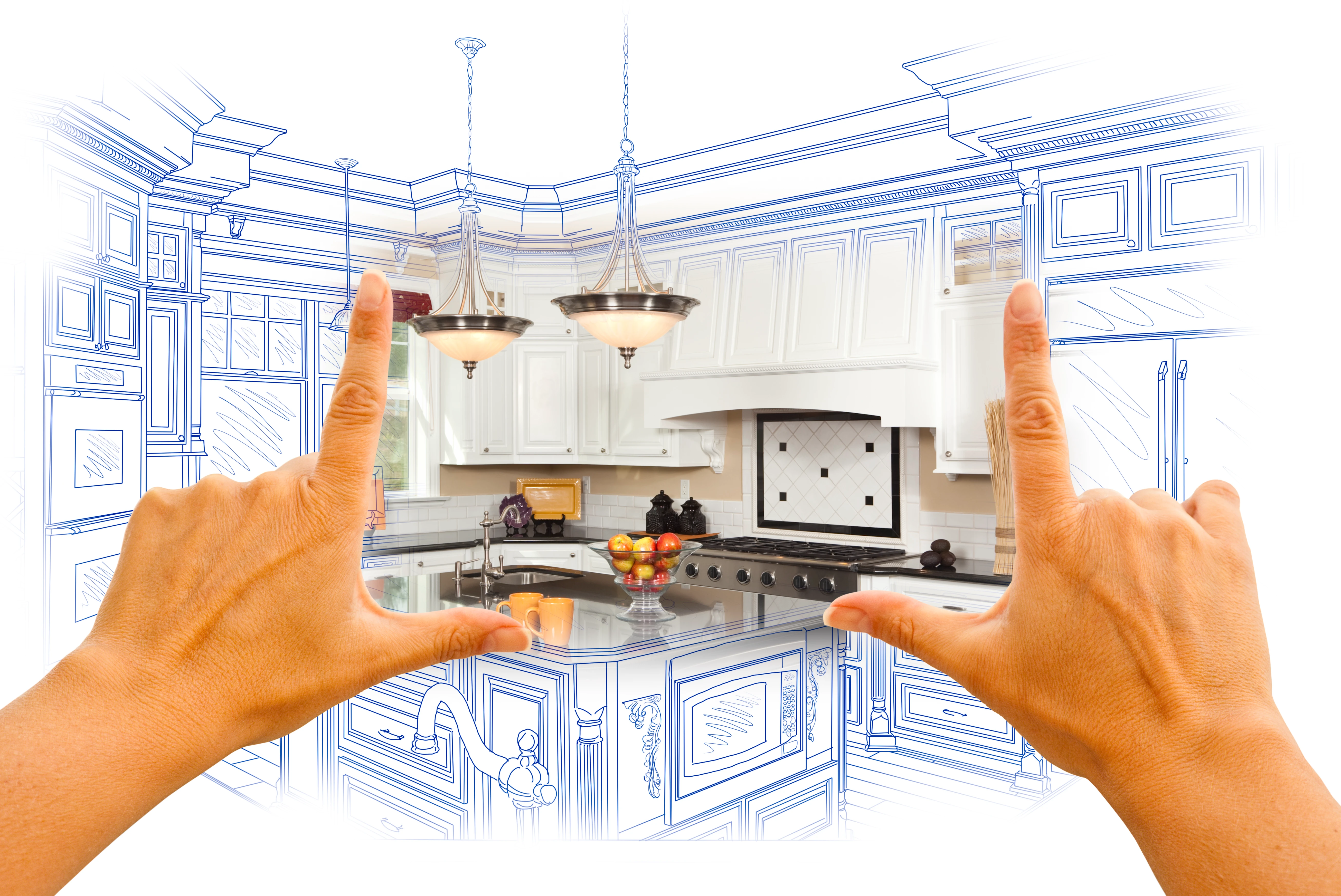 Kitchen remodeling concept transitioning from plans to a finished kitchen