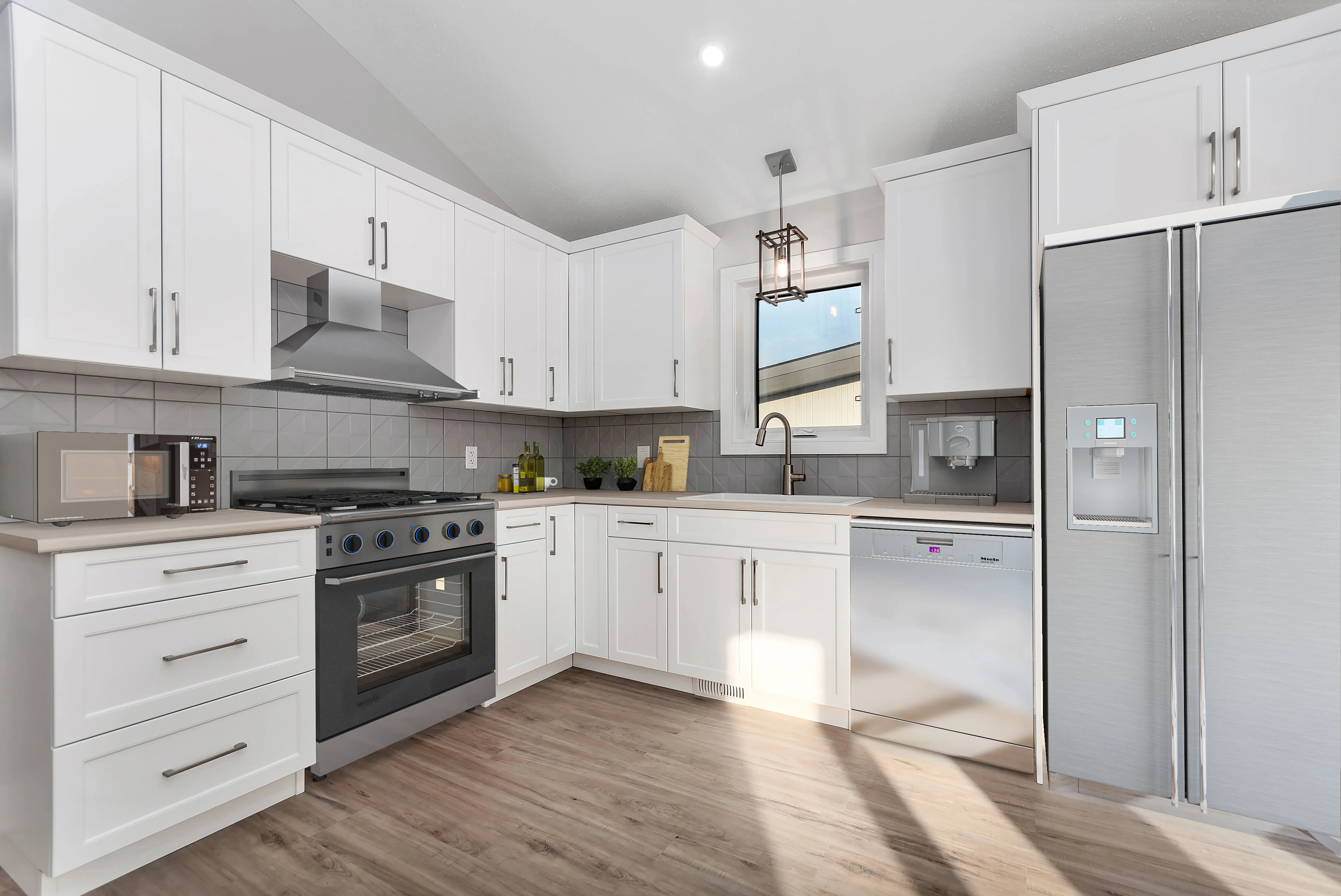 Bright white kitchen remodeled by JW Painting and Remodeling
