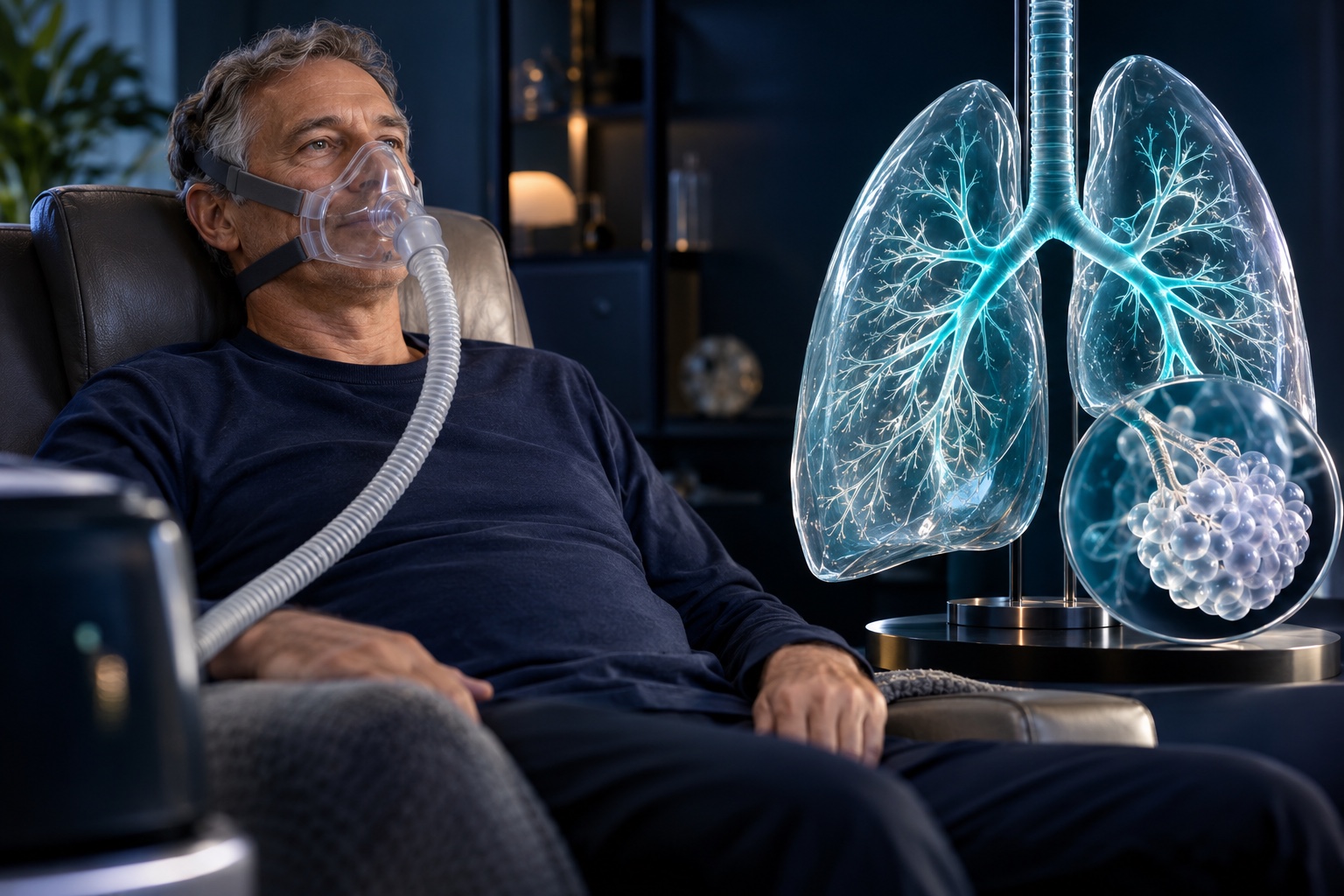 Recreación de una sesión con mascarilla junto a un modelo anatómico de pulmones y alvéolos