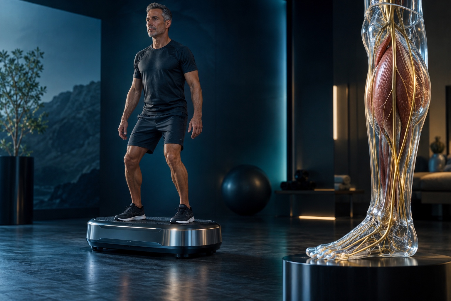 Recreación de ejercicio en plataforma vibratoria junto a un modelo anatómico muscular