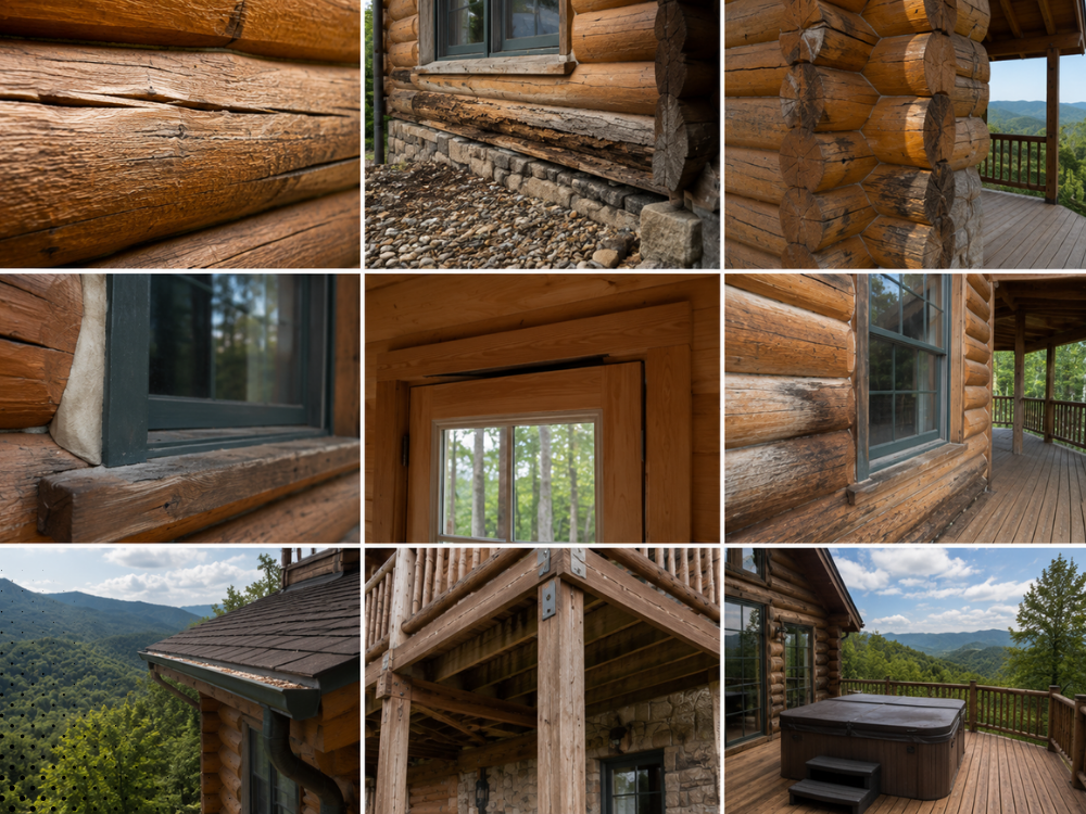 Collage of log cabin inspection areas in Gatlinburg, TN, including log cracks, window gaps, exterior supports, roof edges, deck, and hot tub. Collage of log cabin inspection areas in Gatlinburg, TN, including log cracks, window gaps, exterior supports, roof edges, deck, and hot tub.