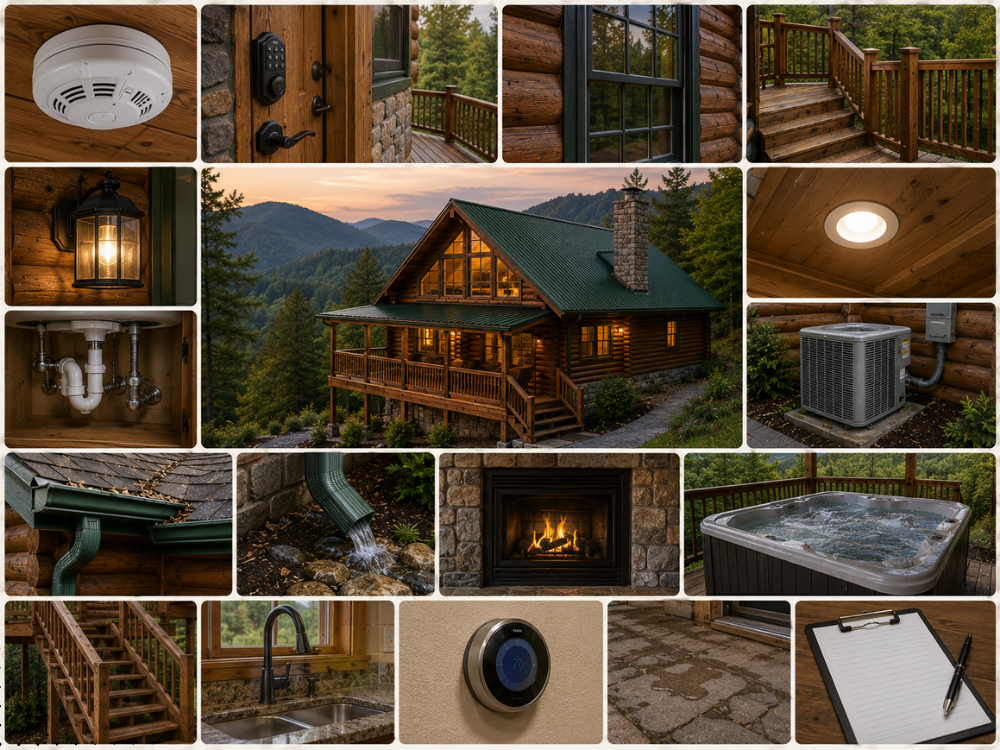 Log cabin property inspection photo collage highlighting safety and structural checks including keyless entry, smoke detectors, fireplace, and hot tub.