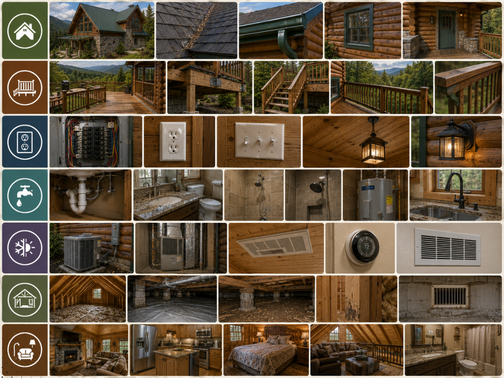 Comprehensive home inspection visual checklist grid detailing roof shingles, deck framing, electrical panel, plumbing, HVAC, crawl space, and interior living areas.